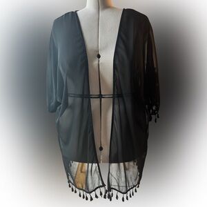 Shein Black Tassel Kimono Cover Up 4XL Sheer Open Front